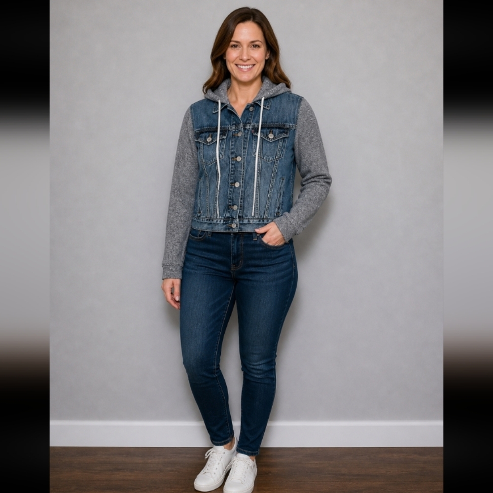 LEVIS Denim Jean Jacket with Gray Sleeves Hood Small